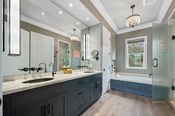 Bathroom, Dual Sink Vanities, Interior, Pendant Lights, Recessed Lighting, Wood Texture Flooring