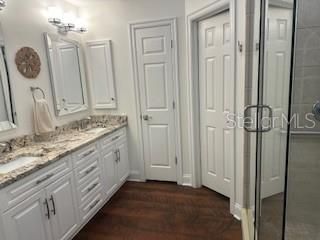 Bathroom, Dual Sink Vanities, Glass Shower, Interior, Wood Texture Flooring