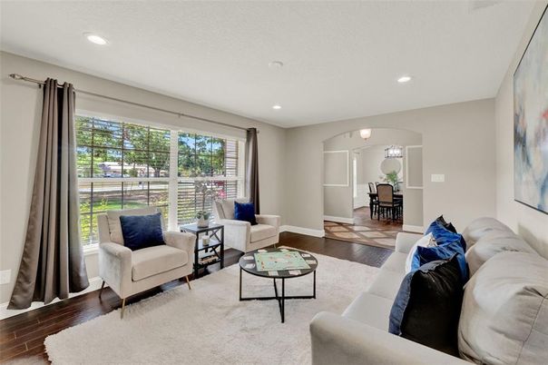 Dining room, Interior, Living room, Recessed Lighting, Wood Texture Flooring