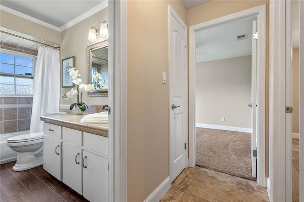 Bathroom, Interior, Tile Countertops, Wood Texture Flooring