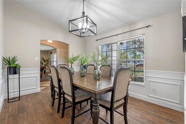 Dining room, Interior, Pendant Lights, Wood Texture Flooring