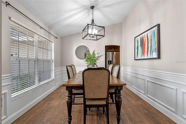 Dining room, Interior, Pendant Lights, Wood Texture Flooring
