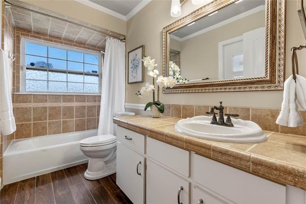 Bathroom, Interior, Tile Countertops, Wood Texture Flooring