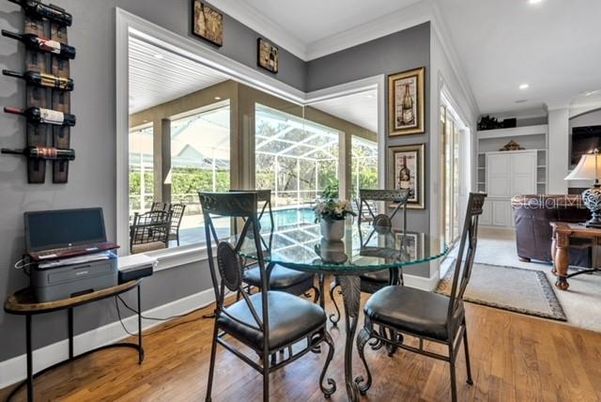Dining room, Interior, Recessed Lighting, Wood Texture Flooring