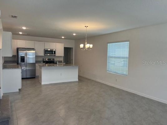 Chandelier, Interior, Kitchen, Recessed Lighting, Stainless Steel Appliances