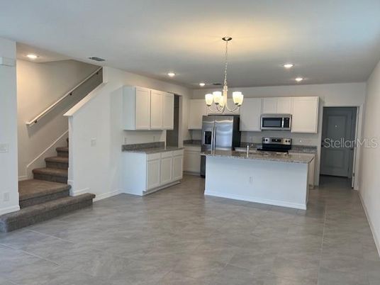 Chandelier, Interior, Kitchen, Recessed Lighting, Stainless Steel Appliances