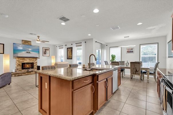 Dining room, Fireplace, Interior, Kitchen, Living room, Recessed Lighting