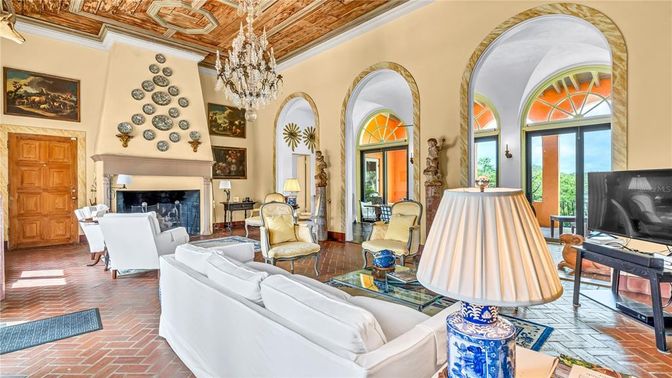 Chandelier, Fireplace, Interior, Living room, Wooden Ceilings