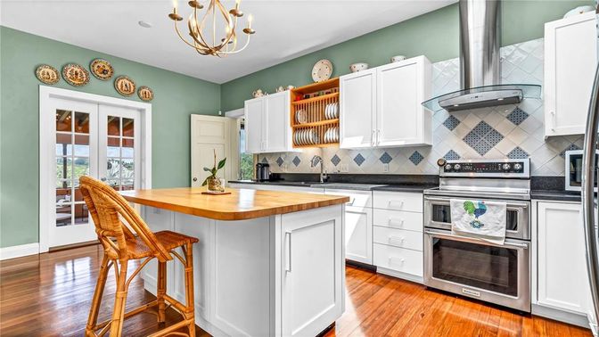Chandelier, Interior, Kitchen, Stainless Steel Appliances, Wood Texture Flooring