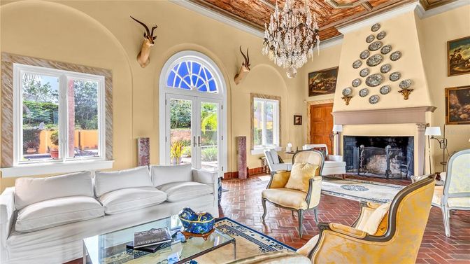 Chandelier, Fireplace, Interior, Living room