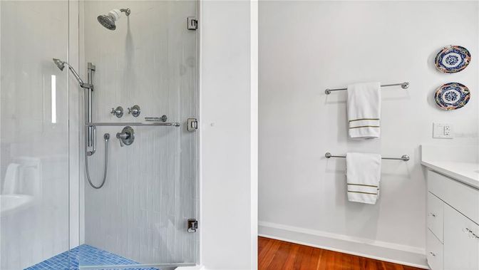 Bathroom, Glass Shower, Interior, Wood Texture Flooring
