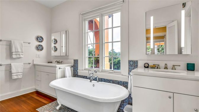 Bathroom, Dual Sink Vanities, Free Standing Baths, Interior, Wood Texture Flooring