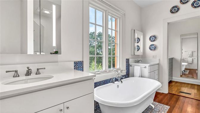 Bathroom, Dual Sink Vanities, Free Standing Baths, Interior, Wood Texture Flooring