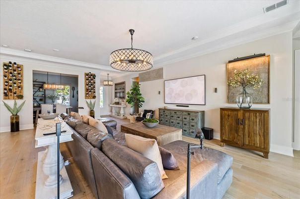 Chandelier, Dining room, Interior, Living room, Pendant Lights, Recessed Lighting, Wood Texture Flooring