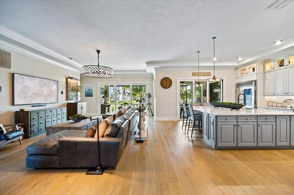 Interior, Kitchen, Living room, Pendant Lights, Recessed Lighting, Wood Texture Flooring