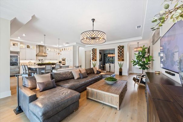 Dining room, Interior, Kitchen, Living room, Pendant Lights, Recessed Lighting, Stainless Steel Appliances, Wood Texture Flooring