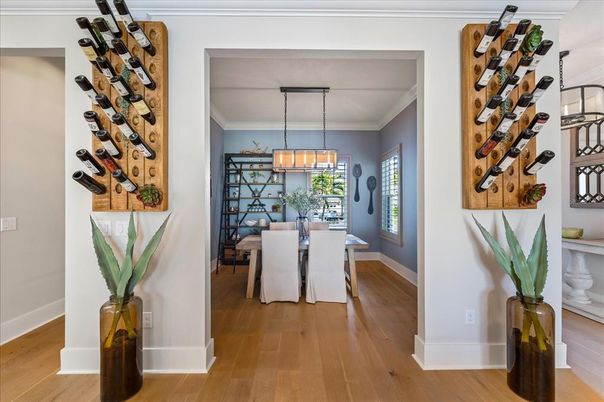 Dining room, Interior, Pendant Lights, Wine Storage, Wood Texture Flooring