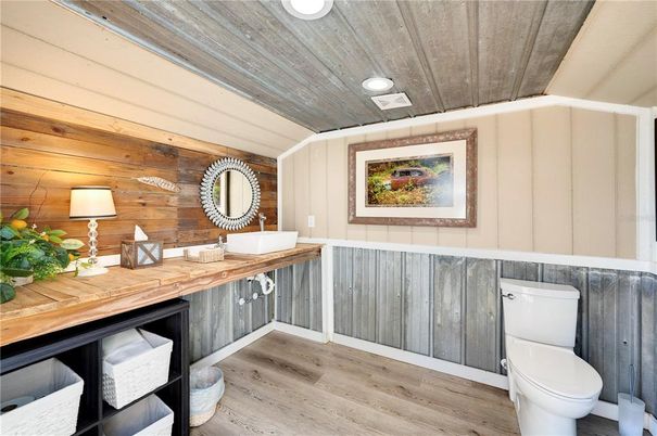 Bathroom, Interior, Recessed Lighting, Wooden Ceilings, Wood Texture Flooring, Wooden Walls