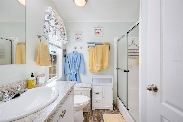 Bathroom, Glass Shower, Interior, Wood Texture Flooring