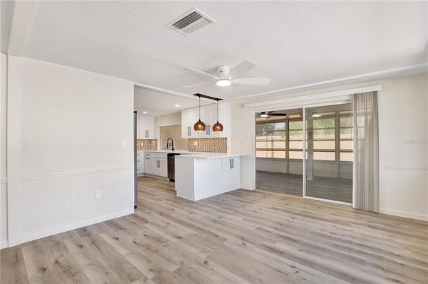 Empty room, Interior, Kitchen, Recessed Lighting, Wood Texture Flooring