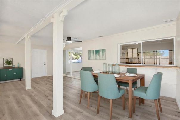 Dining room, Interior, Recessed Lighting, Wood Texture Flooring