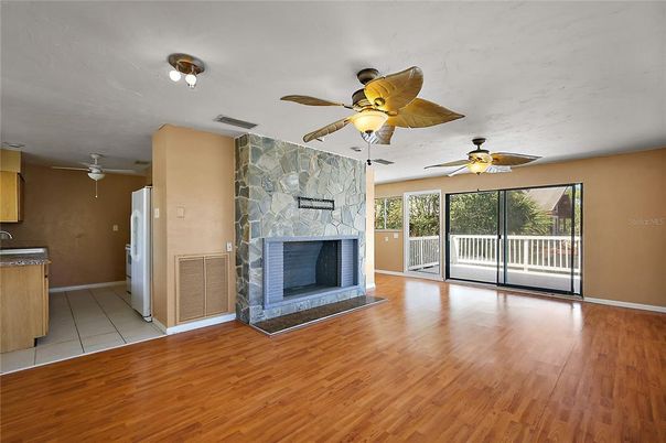 Empty room, Fireplace, Interior, Stone Walls, Wood Texture Flooring