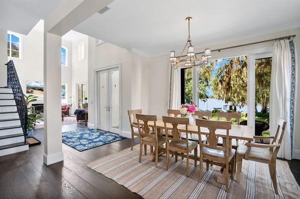 Chandelier, Dining room, Interior, Pendant Lights, Wood Texture Flooring