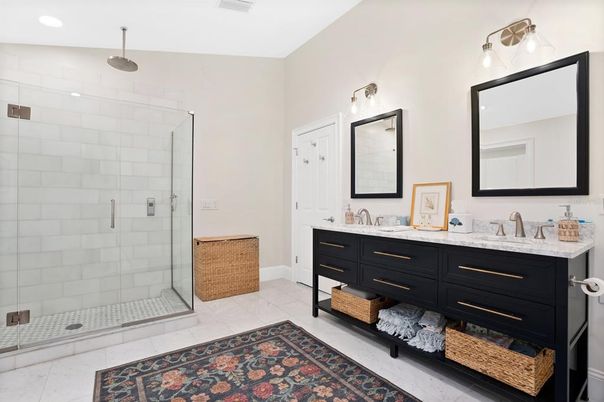 Bathroom, Dual Sink Vanities, Glass Shower, Interior, Recessed Lighting