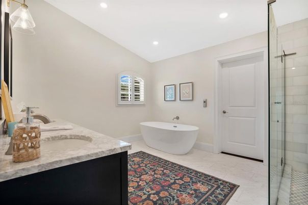 Bathroom, Dual Sink Vanities, Free Standing Baths, Glass Shower, Interior, Marble, Recessed Lighting