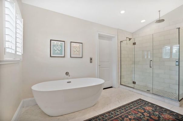 Bathroom, Free Standing Baths, Glass Shower, Interior, Recessed Lighting
