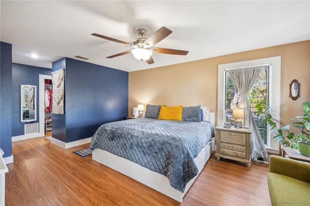 Bedroom, Interior, Recessed Lighting, Wood Texture Flooring