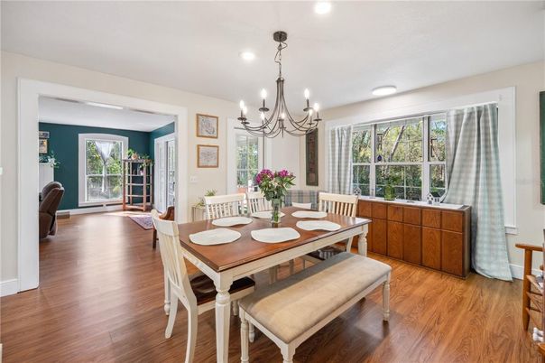 Chandelier, Dining room, Interior, Recessed Lighting, Wood Texture Flooring