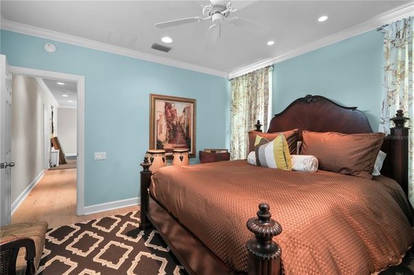 Bedroom, Interior, Recessed Lighting, Wood Texture Flooring