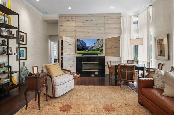 Dining room, Fireplace, Interior, Recessed Lighting, Wood Texture Flooring, Wooden Walls