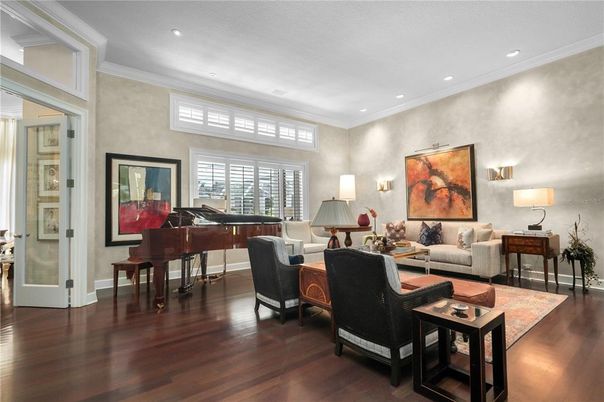 Interior, Living room, Piano, Recessed Lighting, Wood Texture Flooring