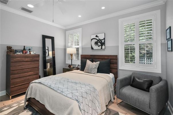 Bedroom, Interior, Recessed Lighting, Wood Texture Flooring