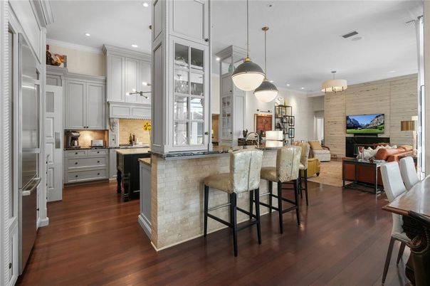 Interior, Kitchen, Pendant Lights, Recessed Lighting, Stone Walls, Wood Texture Flooring