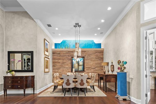 Dining room, Interior, Pendant Lights, Recessed Lighting, Stone Walls, Wood Texture Flooring