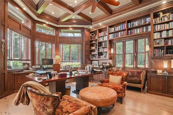 Home Office, Interior, Recessed Lighting, Wooden Beams, Wood Texture Flooring