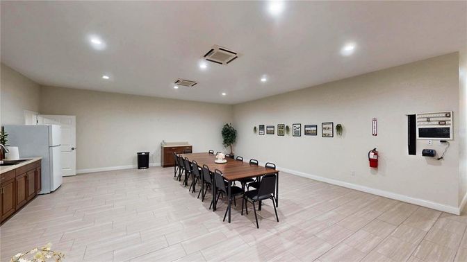 Dining room, Interior, Recessed Lighting, Wood Texture Flooring