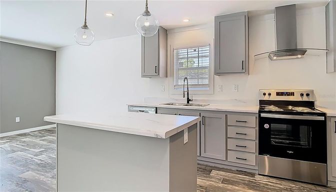 Interior, Kitchen, Pendant Lights, Recessed Lighting, Stainless Steel Appliances, Wood Texture Flooring