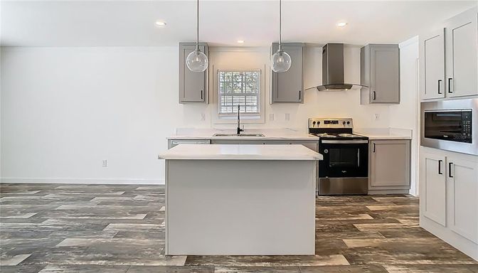 Interior, Kitchen, Pendant Lights, Recessed Lighting, Stainless Steel Appliances, Wood Texture Flooring
