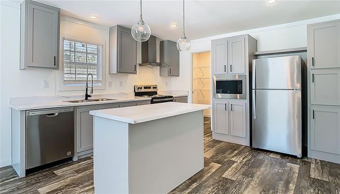 Interior, Kitchen, Pendant Lights, Recessed Lighting, Stainless Steel Appliances, Wood Texture Flooring