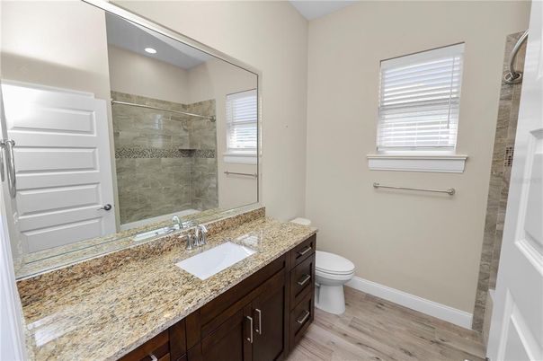 Bathroom, Glass Shower, Interior, Recessed Lighting, Wood Texture Flooring
