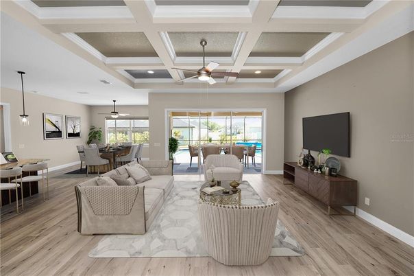 Dining room, Interior, Living room, Pendant Lights, Recessed Lighting, Wood Texture Flooring