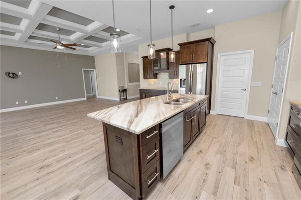 Interior, Kitchen, Pendant Lights, Recessed Lighting, Stainless Steel Appliances, Wood Texture Flooring