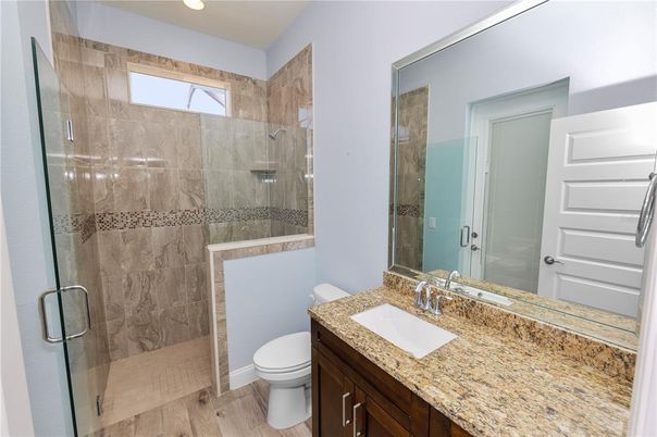 Bathroom, Glass Shower, Interior, Recessed Lighting, Wood Texture Flooring