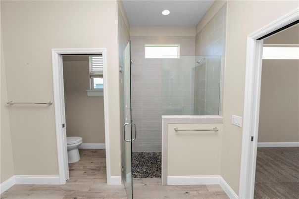 Bathroom, Glass Shower, Interior, Recessed Lighting, Wood Texture Flooring