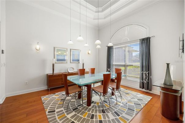 Dining room, Interior, Pendant Lights, Wood Texture Flooring