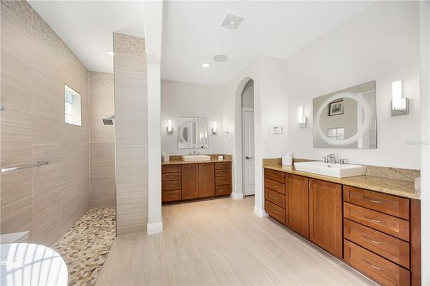 Bathroom, Dual Sink Vanities, Interior, Recessed Lighting, Wood Texture Flooring